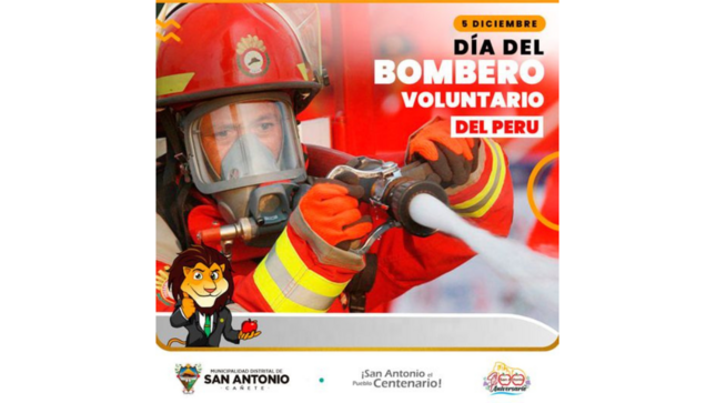 Hoy 5 de diciembre, conmemoramos el Día del Bombero Voluntario, y desde la Municipalidad Distrital de San Antonio enviamos nuestro saludo a todos los héroes de rojo que día a día arriesgan sus vidas para proteger a cientos de familias. 