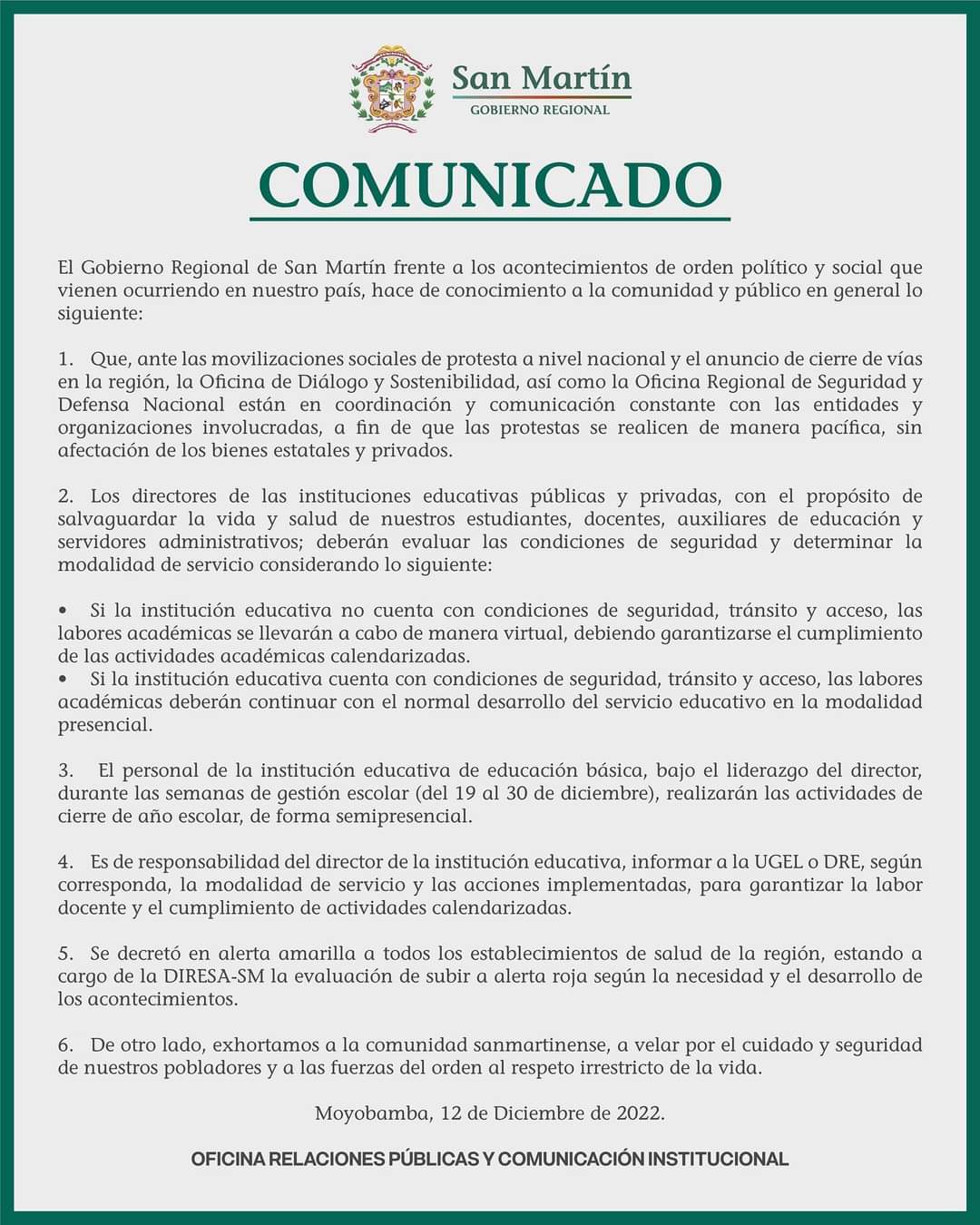 Frente a los acontecimientos de orden político y social que vienen ocurriendo en nuestro país 🇵🇪, hacemos de conocimiento a la comunidad y público en general lo siguiente:
