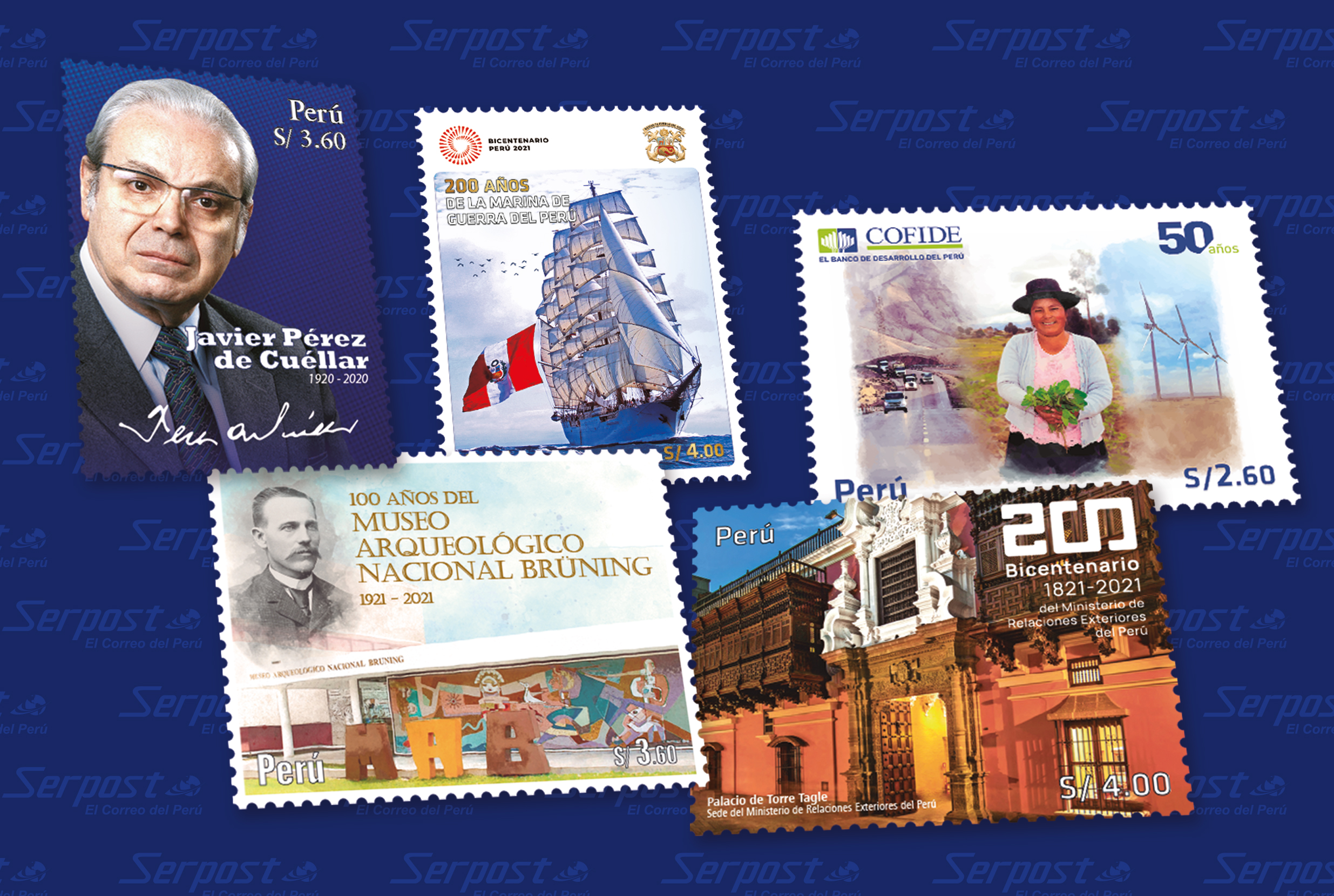 Imagen de los sellos postales conmemorativos por el Bicentenario del Perú