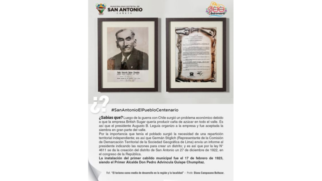 El 27 de diciembre de 2022, estamos cumpliendo 100° Años de Creación Política del Distrito de San Antonio, es por ello que te queremos contar un dato histórico que ocurrió en nuestro grandioso Distrito. 