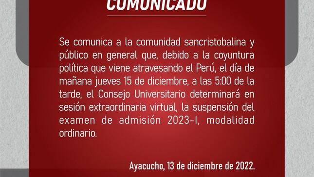 CONSEJO UNIVERSITARIO SUSPENDE EXAMEN DE ADMISIÓN UNSCH.