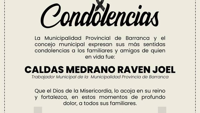 Municipalidad Provincial de Barranca expresa las condolencias a los familiares de Joel Caldas Medrano
