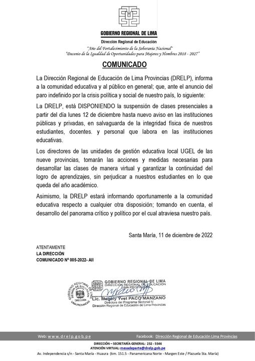 Comunicado de la Dirección Regional de Educación de Lima Provincias