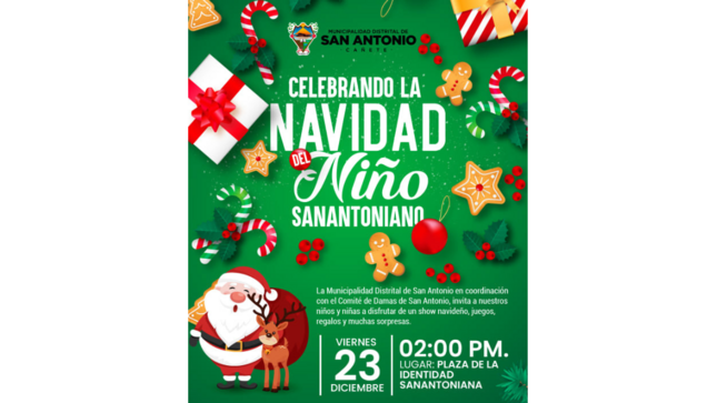 La Municipalidad Distrital de San Antonio presidido por el alcalde, Lic. Esteban Jesús Agapito Ramos en coordinación con el Comité de Damas de San Antonio, suman esfuerzos en llevar alegría y magia en esta navidad a los niños y niñas de nuestro distrito.
