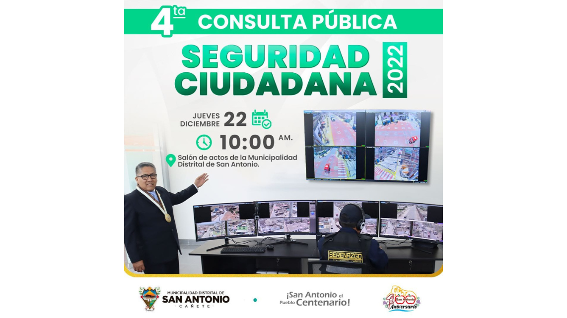 Con el objetivo de brindarte seguridad y mantener nuestro estado de alerta ante tus emergencias, te invitamos este jueves 22 de diciembre a la 4ta Consulta Pública de Seguridad Ciudadana, la cual será transmitida a través de nuestra plataforma digital Facebook Live.