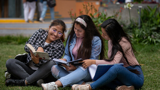 Jóvenes estudiantes revisando libros.