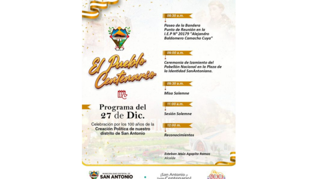 Les compartimos la programación de la celebración por el Centenario de Creación Política de nuestro distrito de San Antonio!