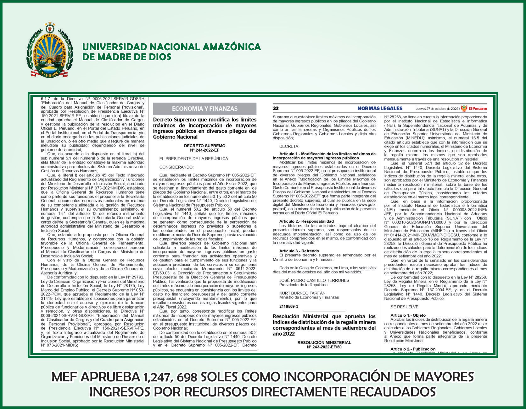 NOTA DE PRENSA N° 235-2022-UNAMAD-R/OCII