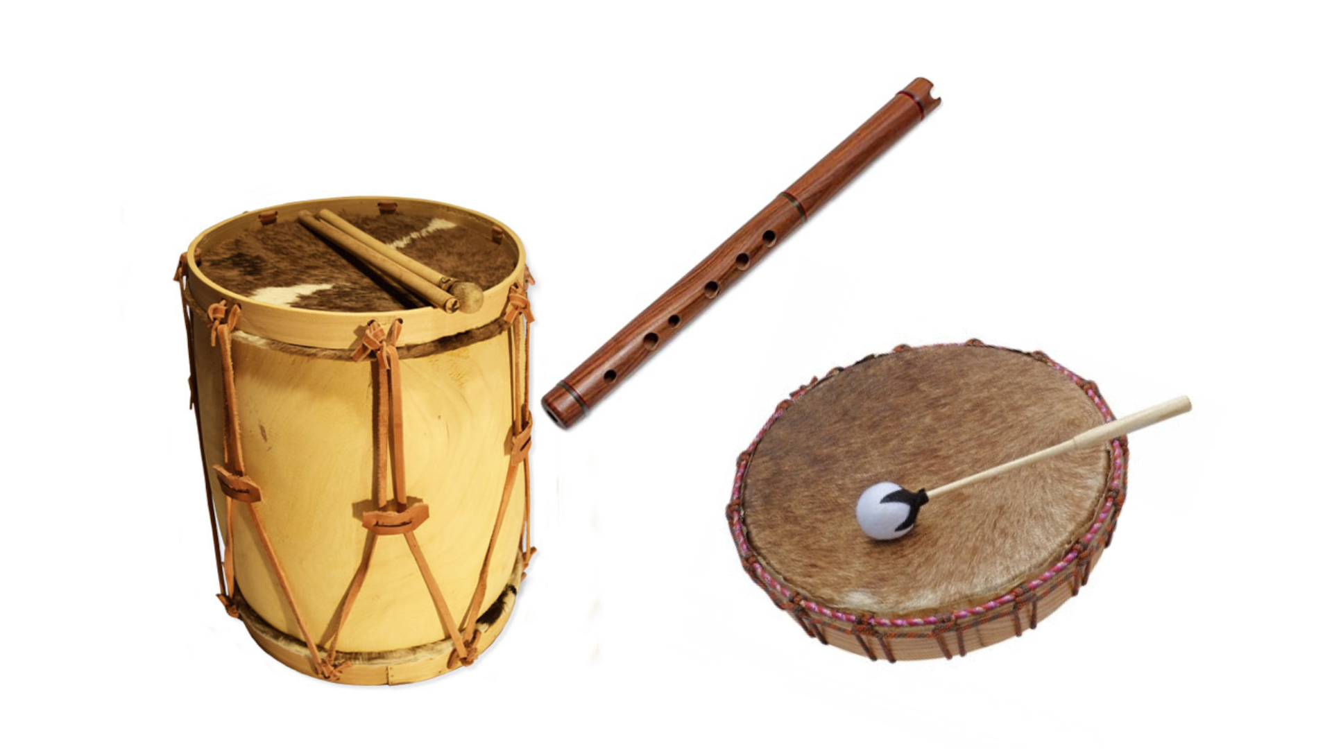 Imagen compuesta por las fotos de tres instrumentos musicales andinos: bombo, tambor y flauta.