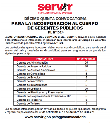 SERVIR lanza Decimoquinta Convocatoria Pública Nacional para incorporar 100 profesionales al Cuerpo de Gerentes Públicos