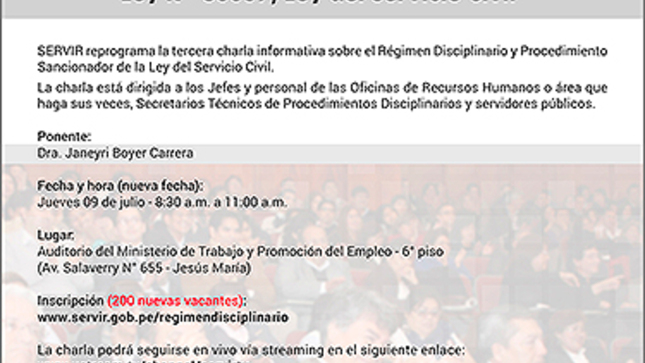 Nueva fecha para la tercera charla informativa sobre el “Régimen Disciplinario y Procedimiento Sancionador de la Ley del Servicio Civil”