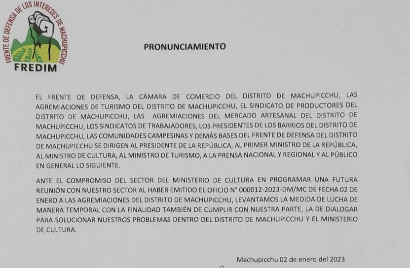 Frente de Defensa y gremios de Machupicchu acuerdan suspender medidas de protesta y dialogar con la ministra de Cultura