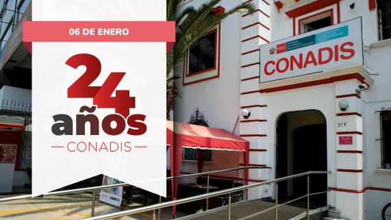 Imagen de la fachada del Conadis sede central de la Av. Arequipa y grafica del 24 aniversario a full color