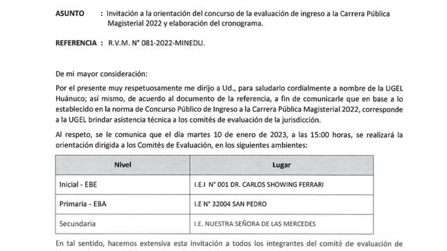 Invitación a la orientación del concurso de la evaluación de ingreso a la carrera pública magisterial 2022.