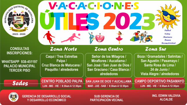 Zonas, Sedes, Horarios de Vacaciones Útiles 2023 en Aucallama.