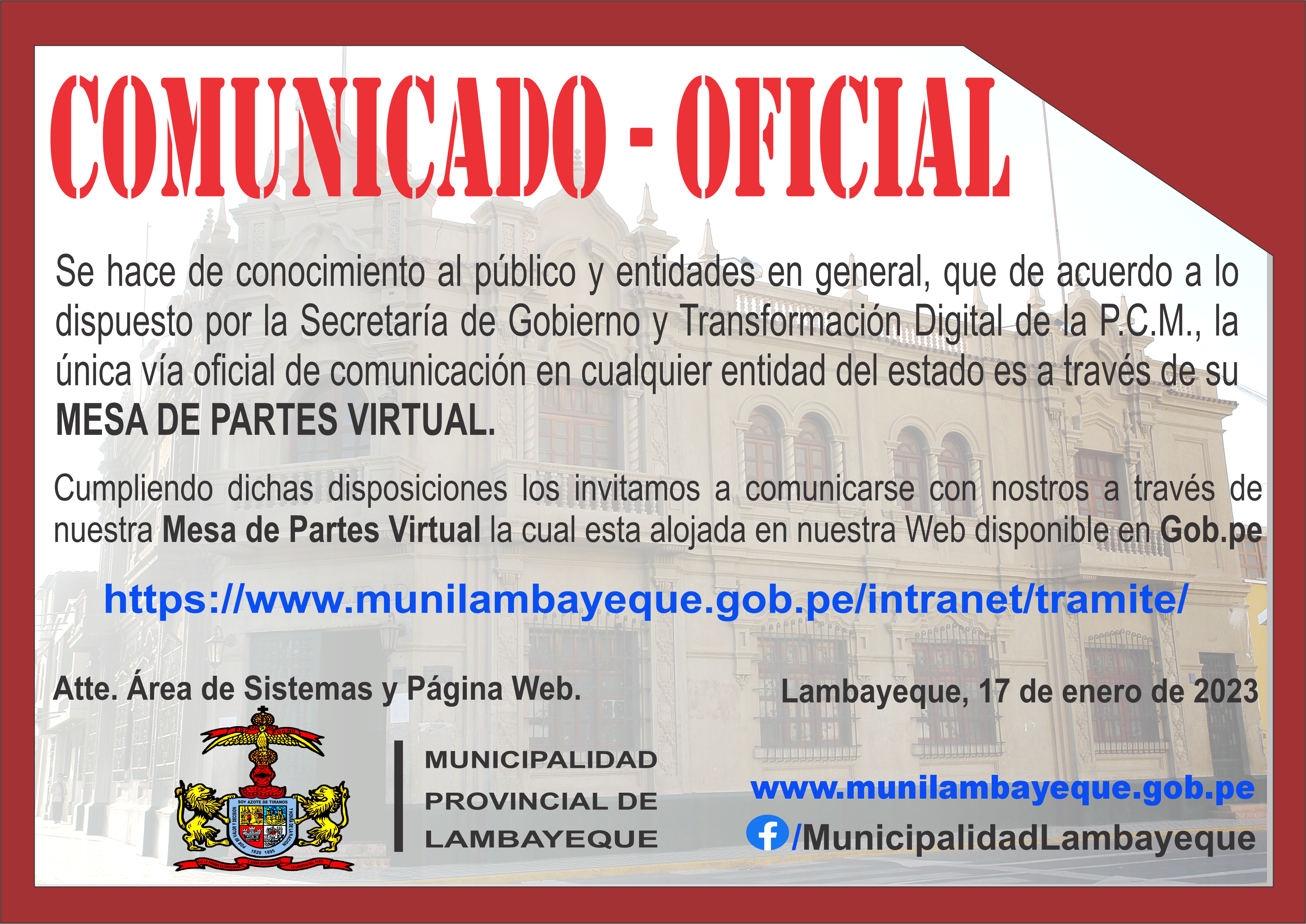 Información en formato de imagen, indicando el medio de comunicación entre la entidad municipal y quienes deseen efectuar algún tipo de trámite o servicio.