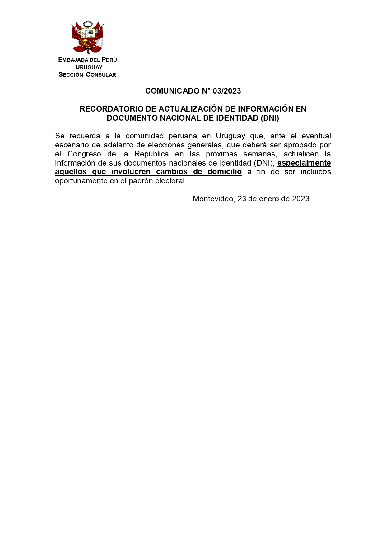 Recordatorio de Actualización de Información en Documento Nacional de Identidad (DNI)