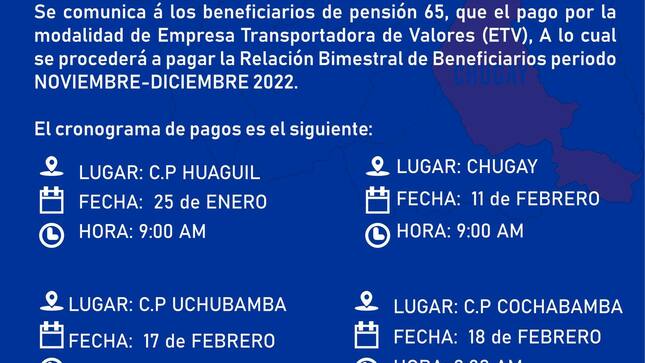 Relación Bimestral de Beneficiarios periodo NOVIEMBRE-DICIEMBRE 2022 y cronograma de pagos de la jurisdicción de Chugay.