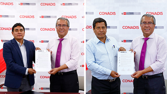 Grafica del Presidente del Conadis , Mario Ríos Espinoza , Juan Luis Chombo Heredia, gobernador regional de Pasco y Fredy Rosales Reto, alcalde de la Municipalidad Distrital de Pampas del Hospital en Tumbes.