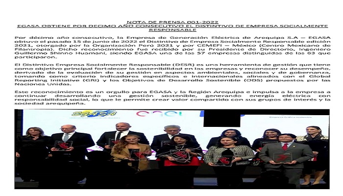 EGASA obtiene por décimo año consecutivo el distintivo de empresa socialmente responsable.