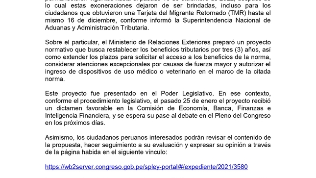 Actualización de información sobre los beneficios tributarios de la Ley N° 30001, Ley de reinserción económica y social para el migrante ret