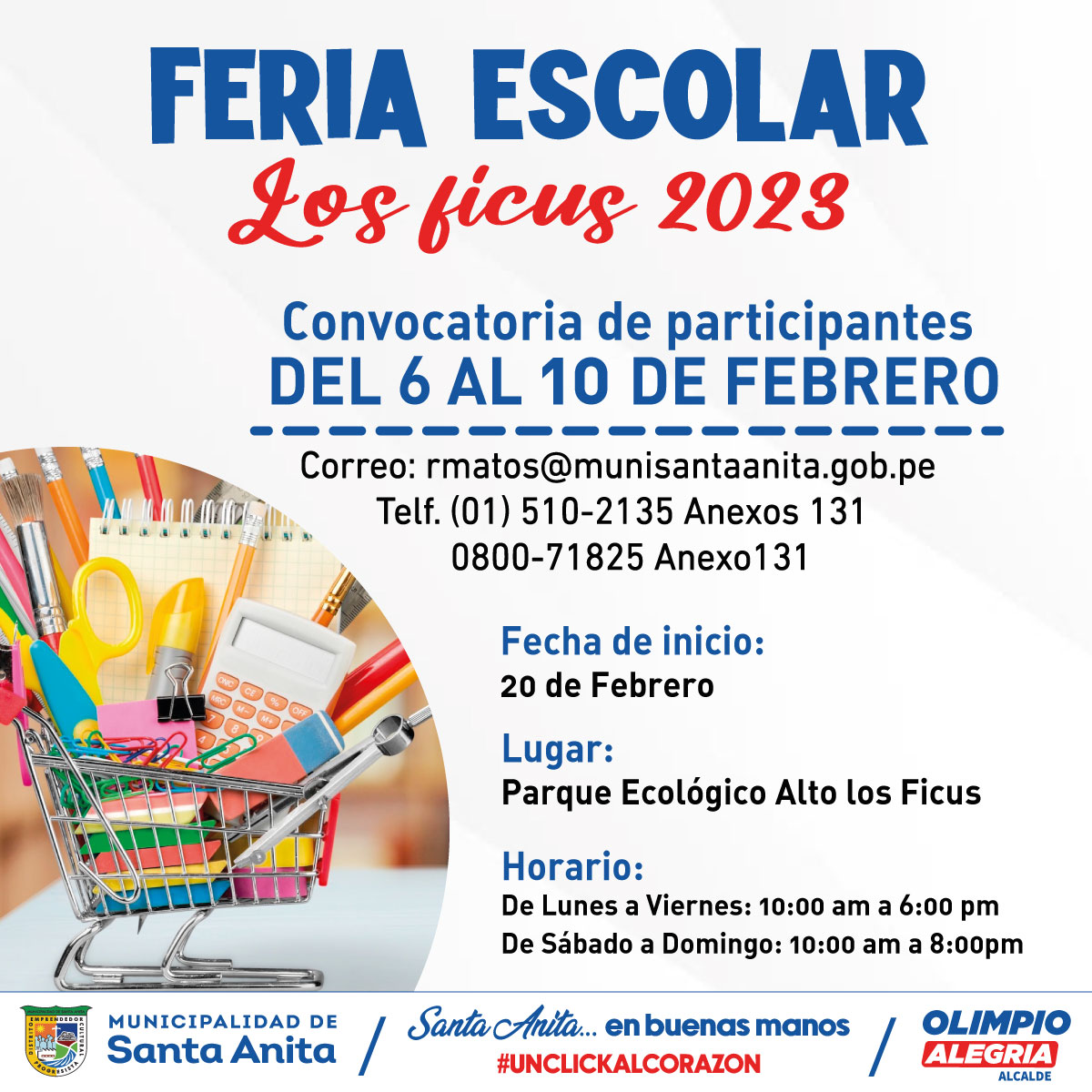 Tú, emprendedor #Santanitense no te pierdas la oportunidad de formar parte de este importante evento y de contribuir al desarrollo de nuestro distrito. Esperamos contar con su presencia en la gran feria escolar.
¡Te esperamos!
Para mayor información: