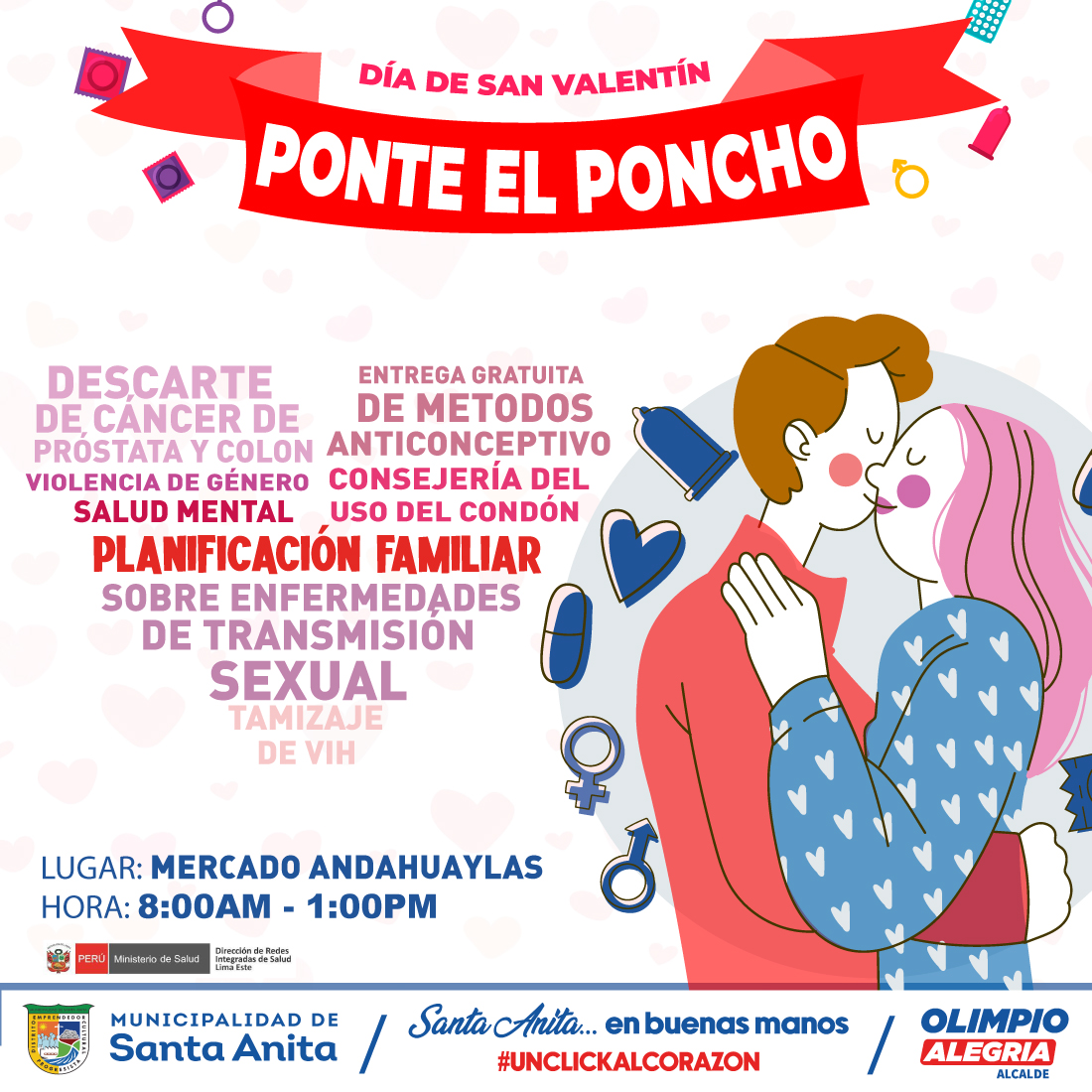 Vecino #Santanitense este martes 14 de febrero los invitamos a participar de nuestra campaña de salud "Ponte el Poncho" en el marco del " Día internacional del Condón", en el mercado Andahuaylas a partir de las 8:00 am. En un trabajo articulado entre la Municipalidad y la Diris Lima Este.