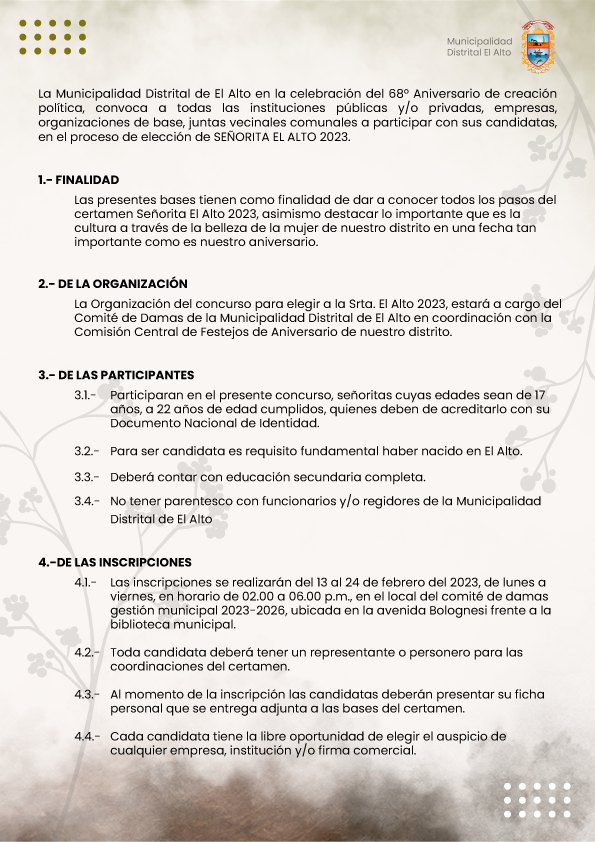 Bases para elecci贸n Srta. El Alto 2023