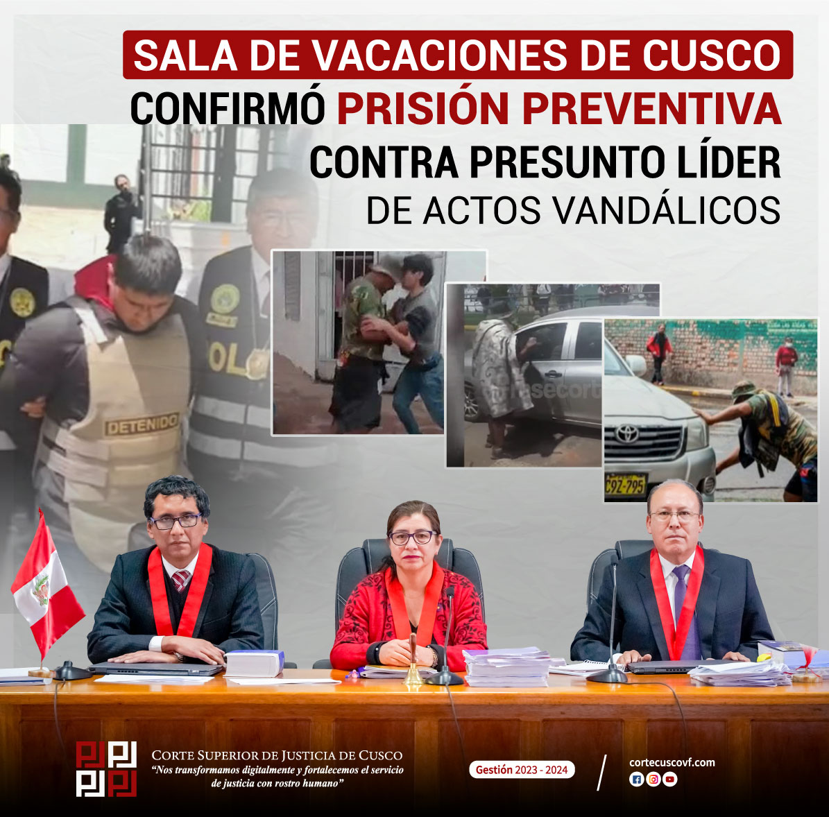 La Sala Única de Vacaciones de la Corte Superior de Justicia de Cusco, presidida por la Jueza Superior Elcira Farfán Quispe, e integrada por los señores magistrados Franklin Gregorio Gutiérrez Merino (Director de Debate) y Reynaldo Ochoa Muñoz, confirmó la prisión preventiva por el plazo de 9 meses, a Darwin Darío Quispe Pumallica, por el presunto delito de disturbios en agravio del Ministerio del Interior y dos ciudadanos.