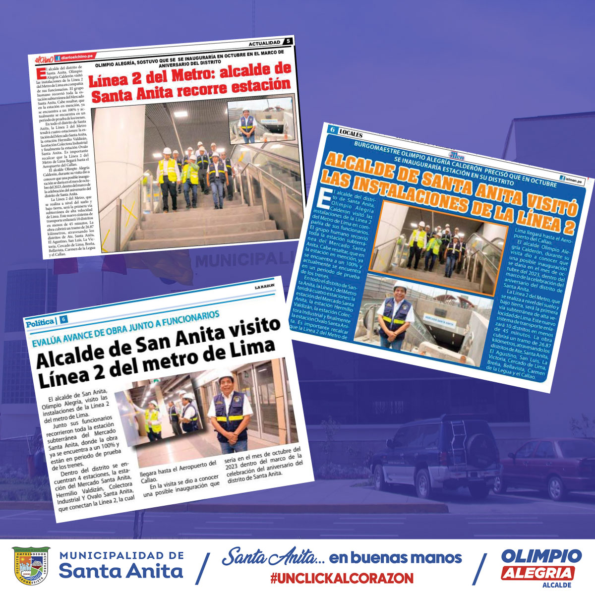 La primera visita de nuestro alcalde Olimpio Alegría y la fecha tentativa de inauguración del primer tramo de la Línea 2 del Metro de Lima, que sería para el mes de Octubre del presente año. Este proyecto beneficiará a nuestros vecinos y llevará a nuestro distrito de Santa Anita a la modernidad.
#Santaanitaenbuenasmanos
#olimpioalegría