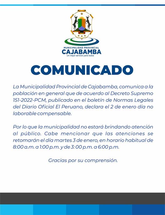 La Municipalidad Provincial de Cajabamba comunica día no laborable 02 de Enero