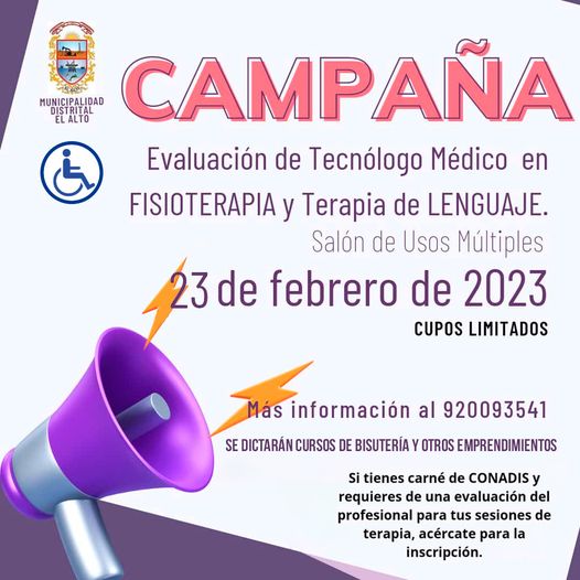 OMAPED-EL ALTO TE INVITA A INSCRIBIRTE A LA SEGUNDA CAMPAÑA DE EVALUACIÓN EN TERAPIA FÍSICA Y TERAPIA DEL LENGUAJE.