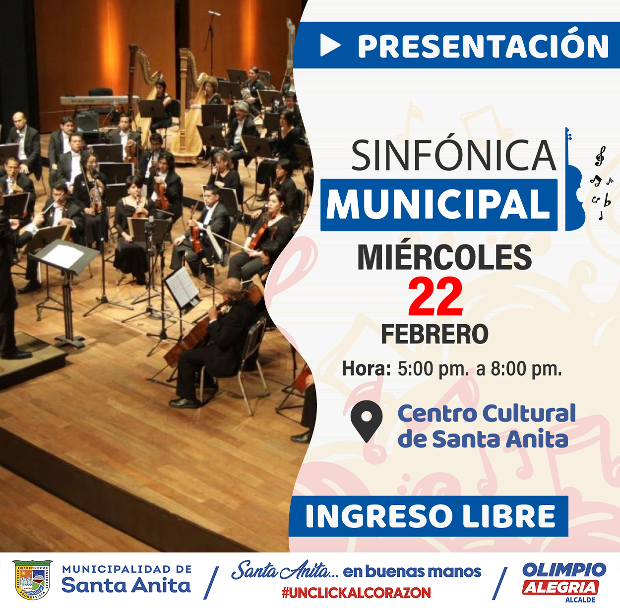 Este 22 de febrero nos complace invitarlos a la presentación de la Sinfónica Municipal que se llevará a cabo en el Teatro Municipal. Será una tarde llena de música clásica y maravillosas interpretaciones de nuestros músicos talentosos.
#Olimpioalgería
#Santaanitaenbuenasmanos
#Sinfonicamunicipal