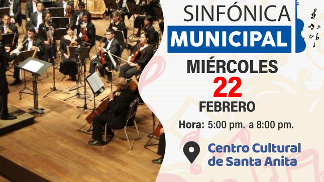 Este 22 de febrero nos complace invitarlos a la presentación de la Sinfónica Municipal que se llevará a cabo en el  Teatro Municipal. Será una tarde llena de música clásica y maravillosas interpretaciones de nuestros músicos talentosos.
#Olimpioalgería
#Santaanitaenbuenasmanos
#Sinfonicamunicipal
