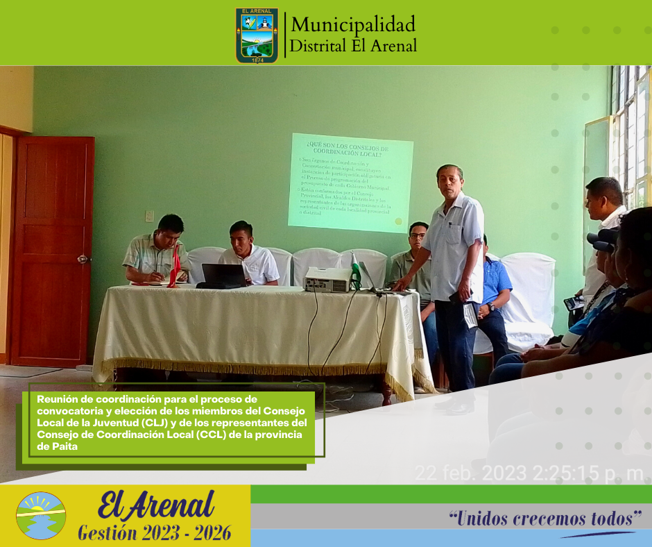 Foto de la reunión de coordinación con los representantes del Consejo Local de la Juventud (CLJ) y del Consejo de Coordinación Local (CCL) de Paita.