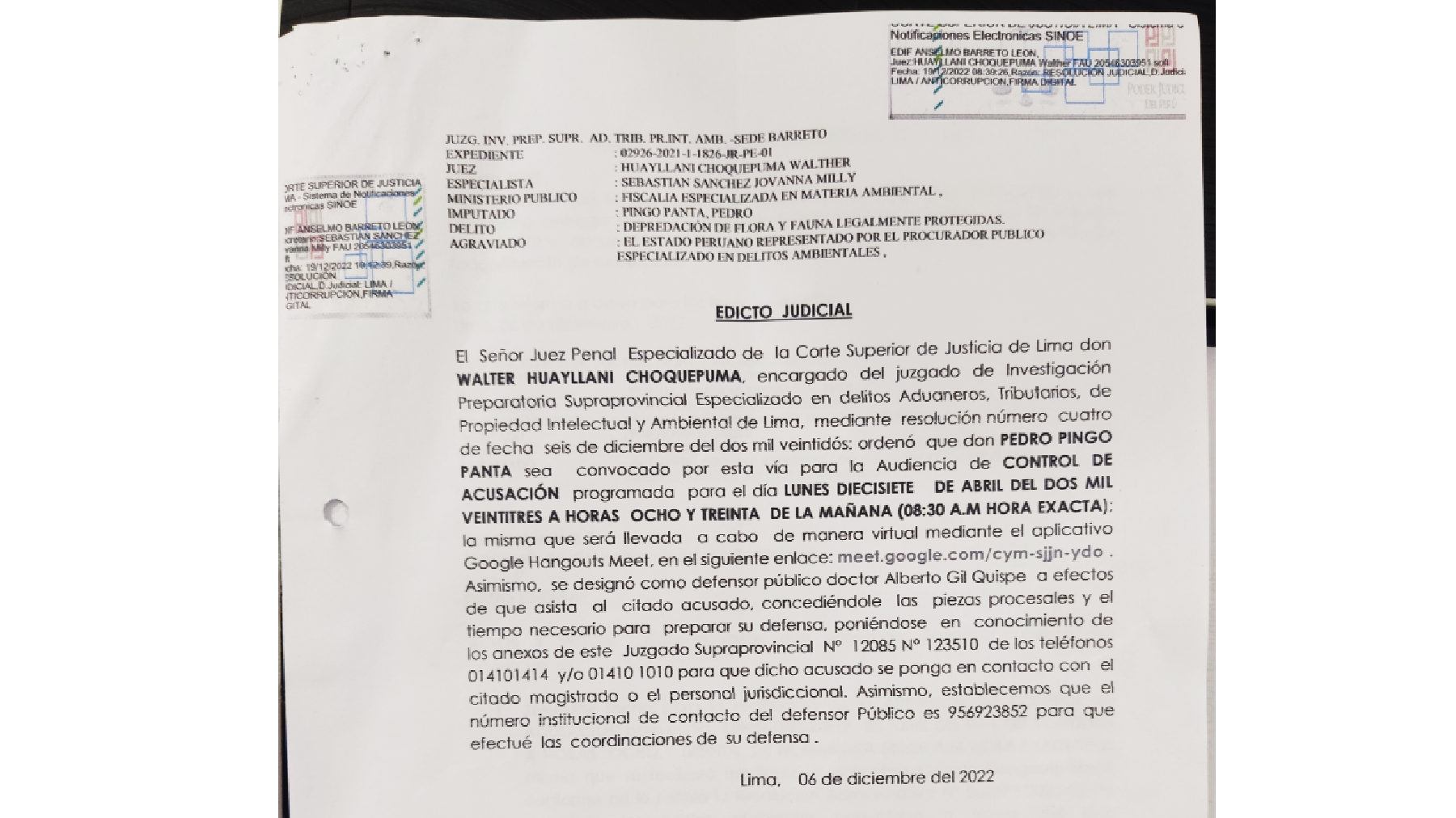 Audiencia de CONTROL DE ACUSACIÓN programada para el día LUNES DIECISIETE DE ABRIL DE DOS MIL VEINTITRES A HORAS OCHO Y TREINTA DE LA MAÑANA