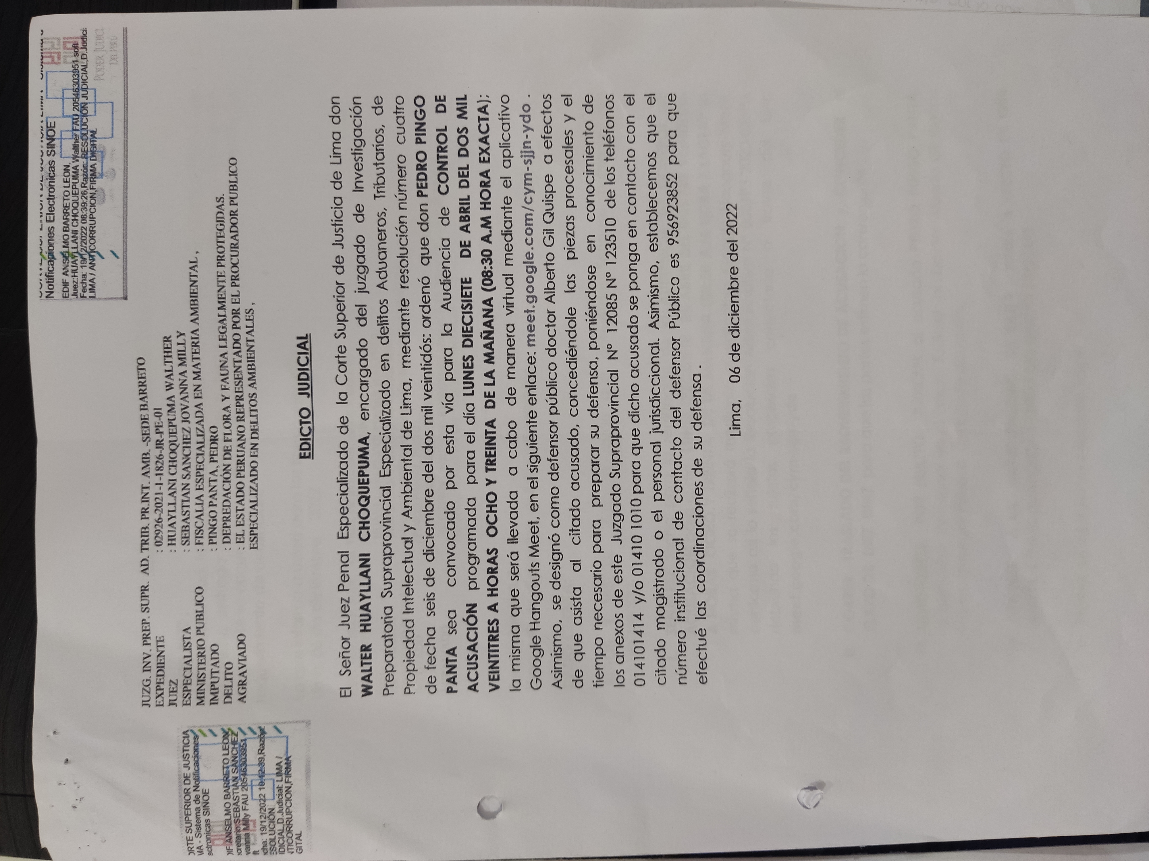 Audiencia de CONTROL DE ACUSACIÓN programada para el día LUNES DIECISIETE DE ABRIL DE DOS MIL VEINTITRES A HORAS OCHO Y TREINTA DE LA MAÑANA