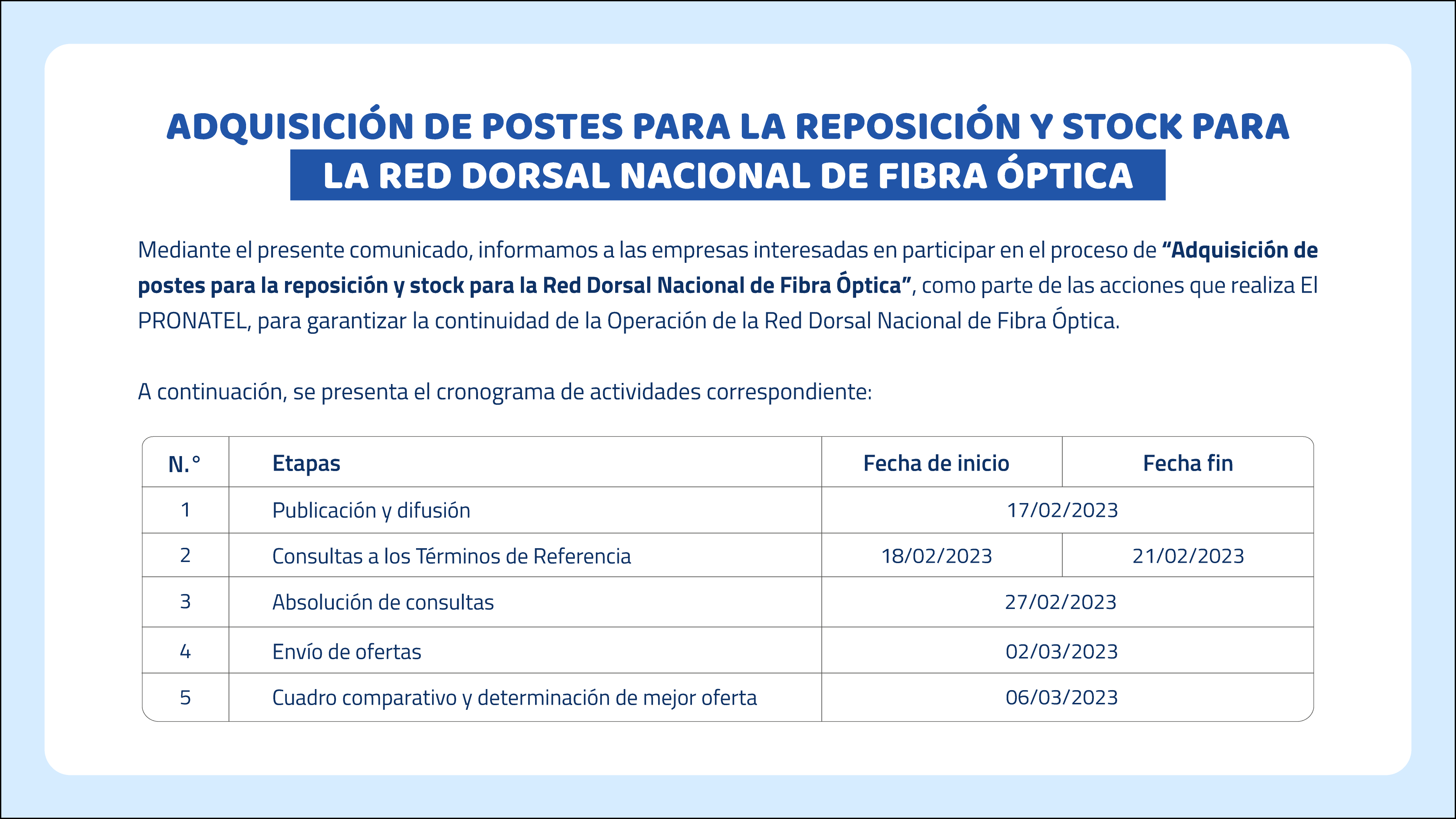 ADQUISICIÓN DE POSTES PARA LA RDNFO