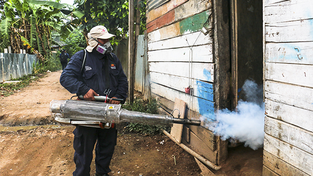 Se ve personal de salud fumigando.