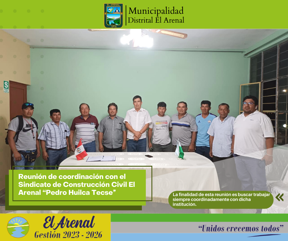 Foto del alcalde con los participantes en la reunión con el Sindicato de Construcción Civil "Pedro Huilca Tecse". 