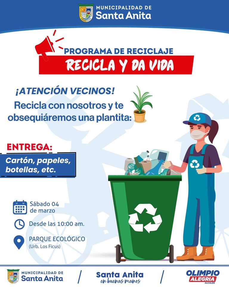 Participa de la gran campaña de reciclaje y te entregamos vida.
📆 Día: 4 de Marzo
📌 Lugar: Parque Ecológico
⏰ Hora: 10: 00 am
¡Te esperamos!
#Olimpioalegria
#Santaanitaenbuenasmanos
#Reciclaentubarrio