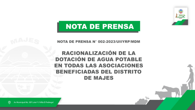RACIONALIZACIÓN DE LA DOTACIÓN DE AGUA POTABLE EN TODAS LAS ASOCIACIONES BENEFICIADAS DEL DISTRITO DE MAJES