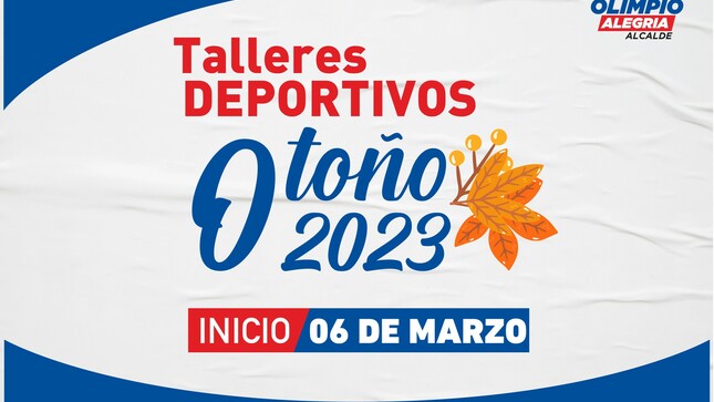 Se inició  los  talleres deportivos 2023.
Ven e inscríbete 
Teléfono: 01-5102135 anexo 124
Palacio Municipal de 8:00 am a 4:30 pm
Inscripciones y matricula por la web:  