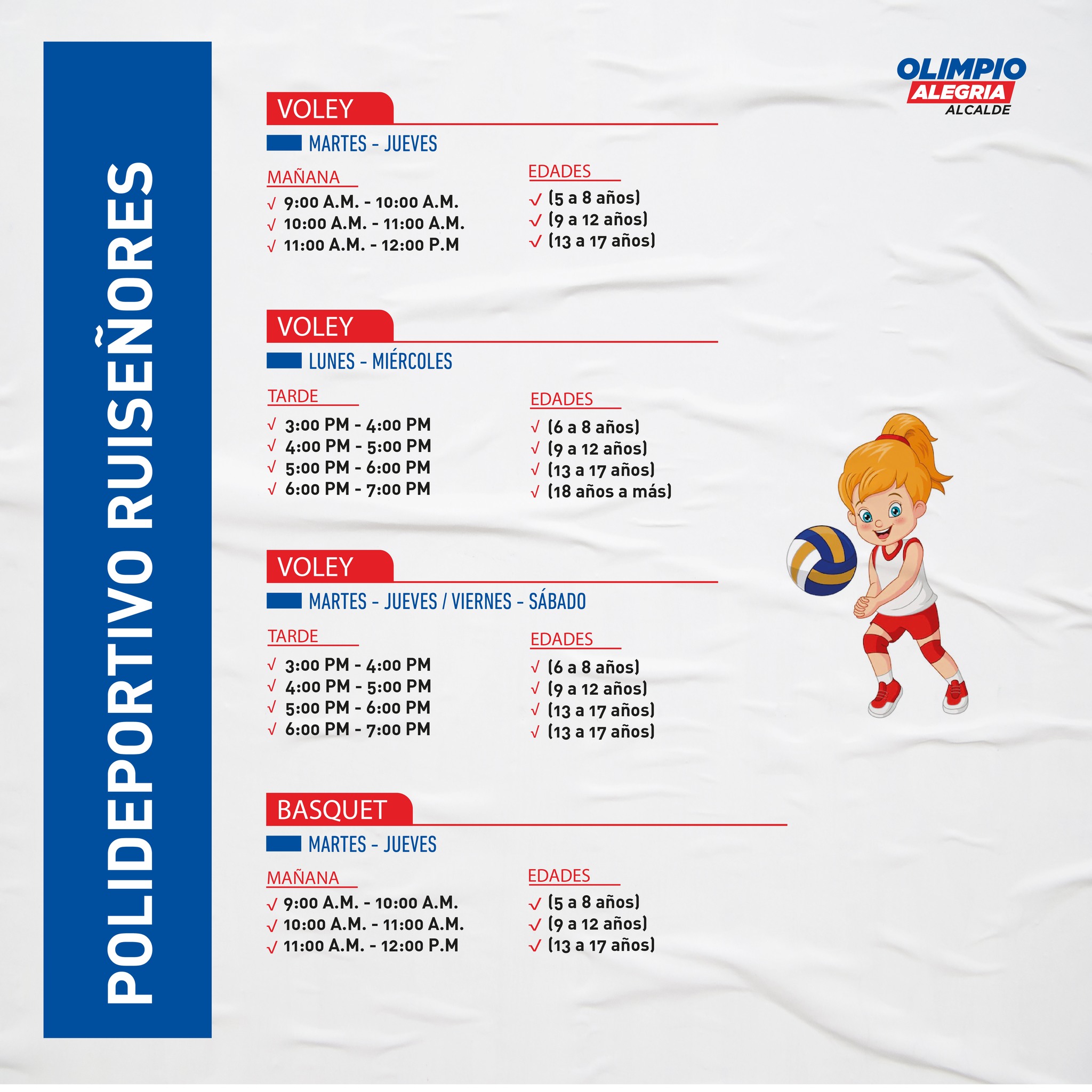 Se inició los talleres deportivos 2023.
Ven e inscríbete
Teléfono: 01-5102135 anexo 124
Palacio Municipal de 8:00 am a 4:30 pm
Inscripciones y matricula por la web: