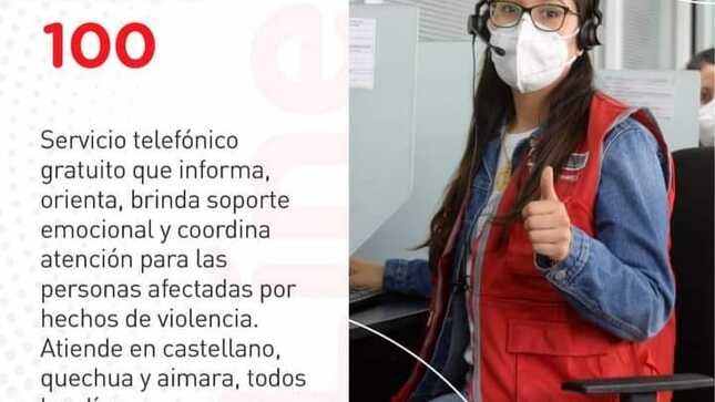 La Línea100 está disponible las 24 horas, los siete días a la semana en castellano, quechua y aimara. Un servicio gratuito que brinda información, orientación, consejería en casos de violencia.