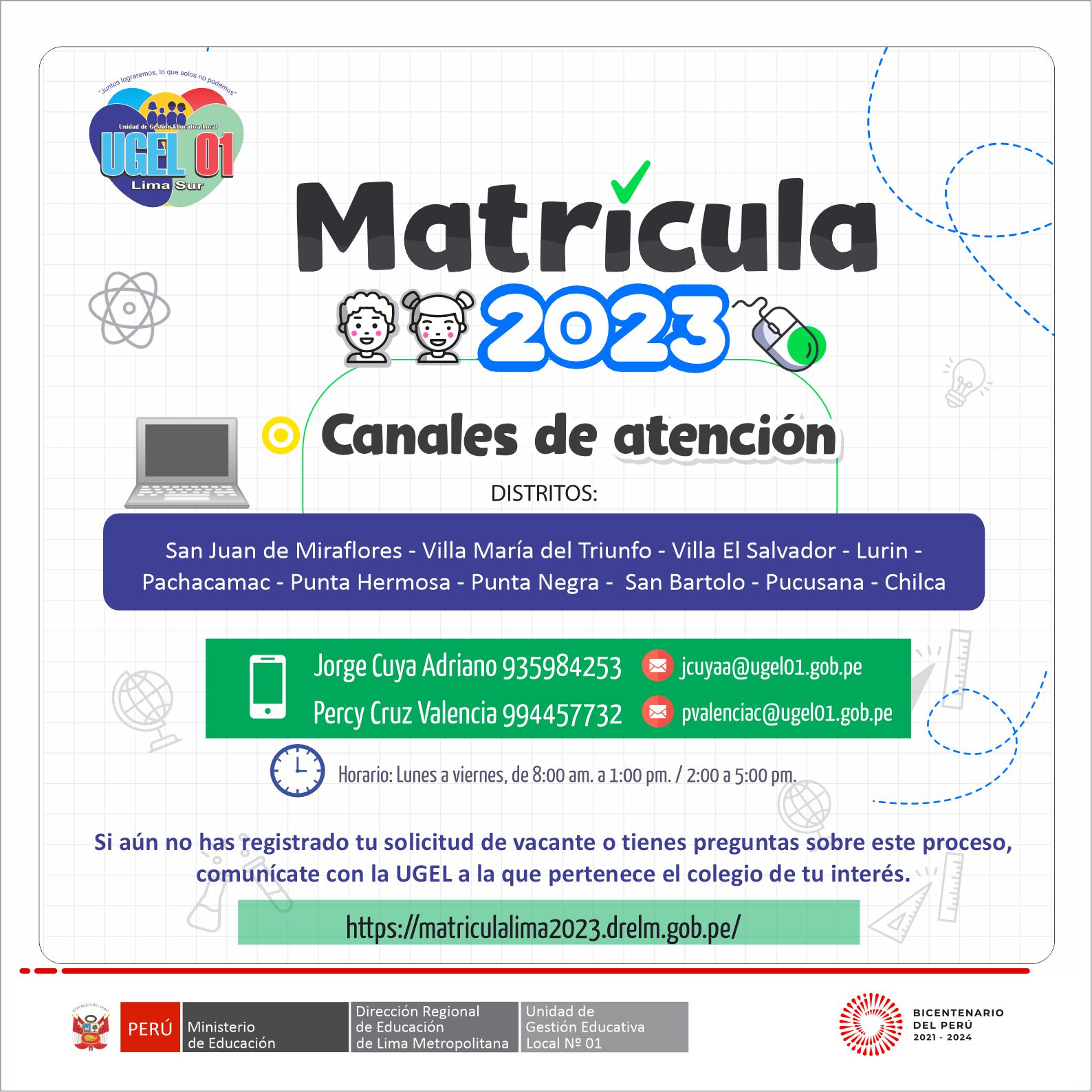 Canales atención matrícula 2023 ugel uno