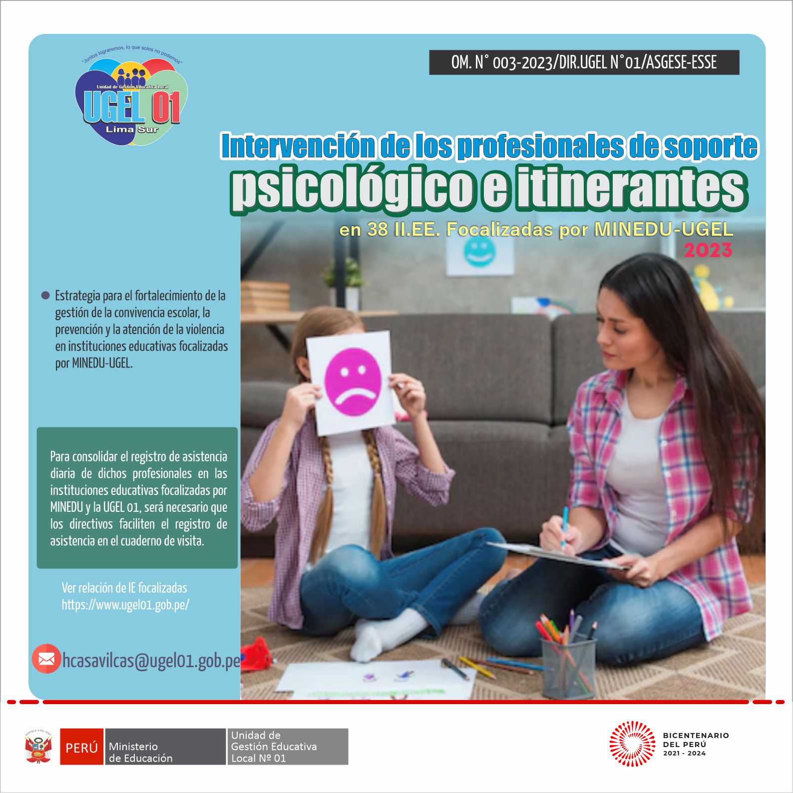 Intervención de los profesionales de soporte psicológico e itinerantes de la estrategia de convivencia escolar 2023 en ie focalizadas