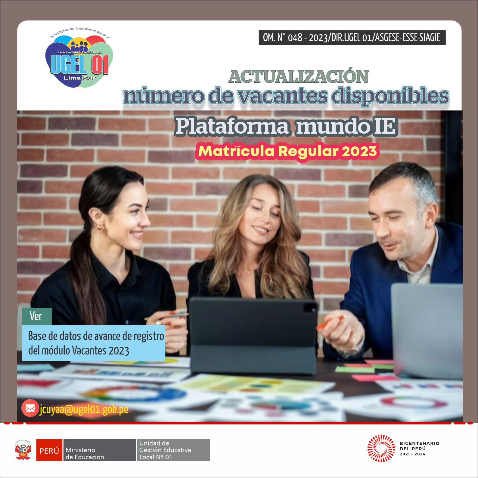 Actualización de número de vacantes disponibles en la ie en la plataforma mundo ie - matrícula regular 2023