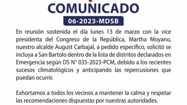 Nuestro Alcalde solicitó que San Bartolo se incluya en la lista de distritos declarados en emergencia, según D.S N° 035-2023-PCM 
