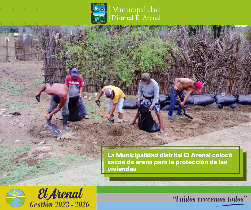 Fotos de los trabajadores llenando sacos de arena.